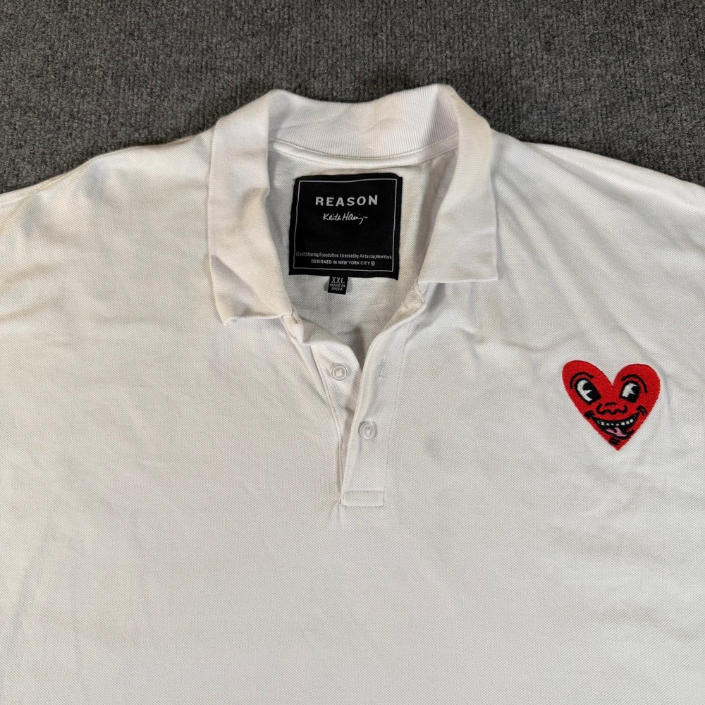 Reason Keith Haring Mens XXL White Heart Embroidered Pique Polo Shirt #3837